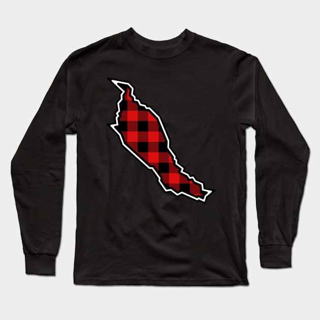 Denman Island Silhouette in Red and Black Plaid - Gulf Islands Gift - Denman Island Long Sleeve T-Shirt by Bleeding Red Paint